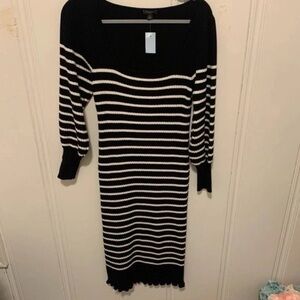 Ann Taylor Black White Striped Cotton Blend MIDI Sweater Dress Size MP NWT￼